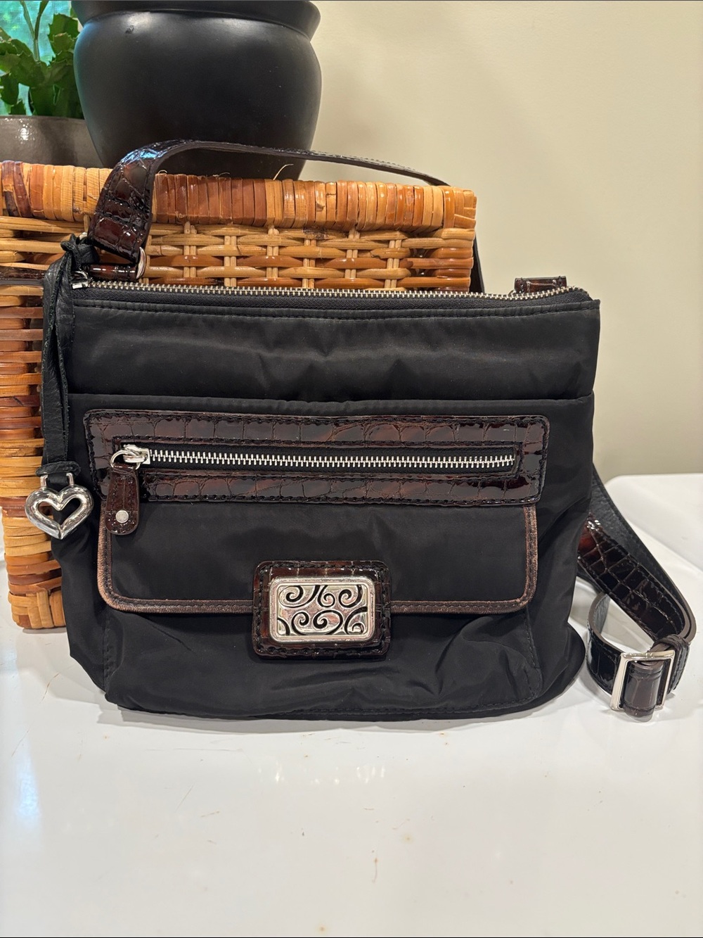 Brighton Nylon and Crocodile Trim "Charlie" Crossbody Bag